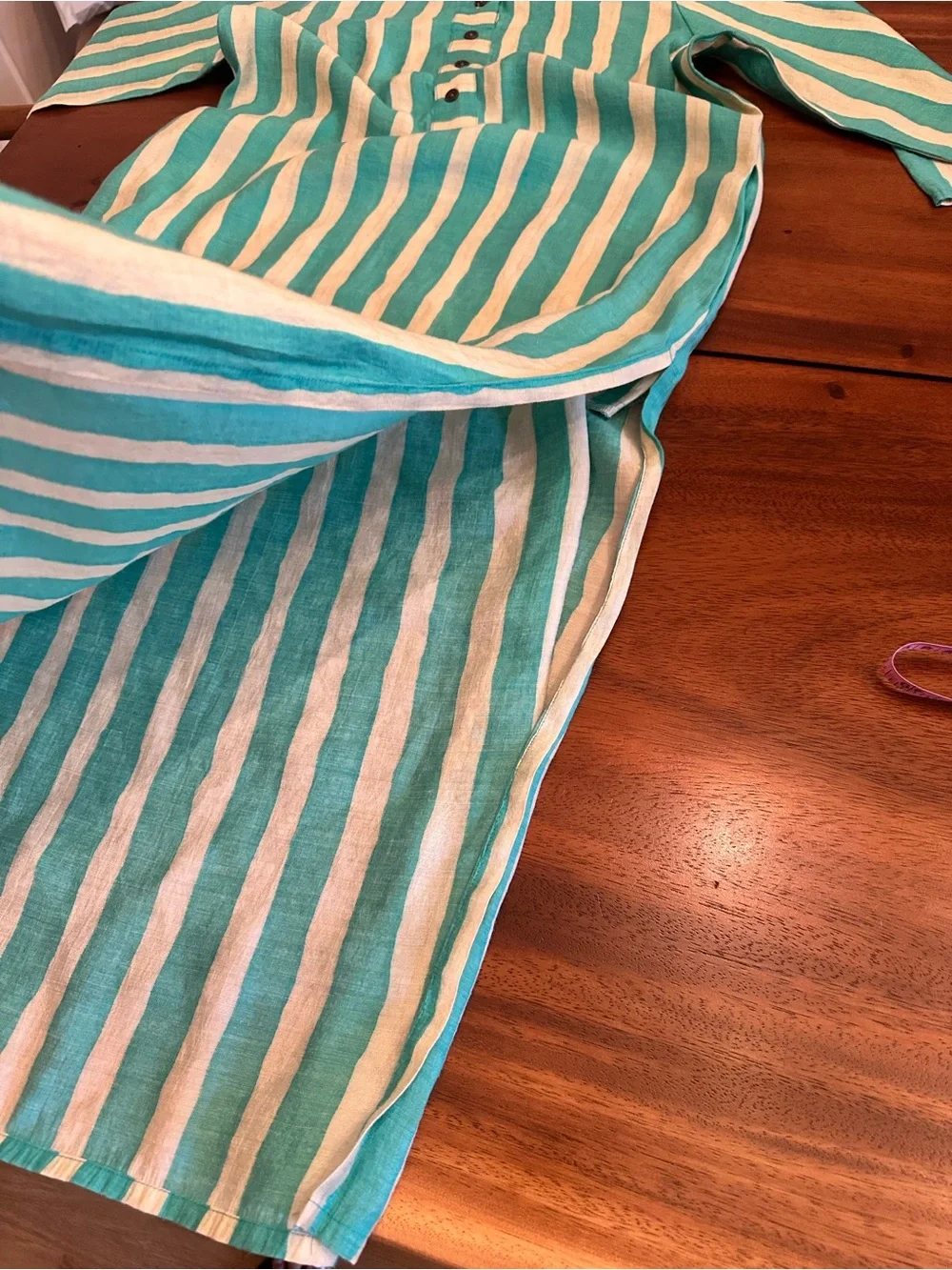 Linen Striped Turquoise and White Tunic Kurta Swimsuit coverup with pockets - Picture 8 of 8